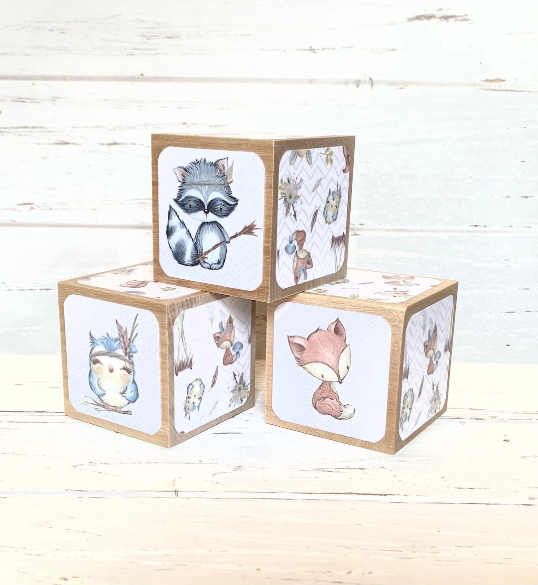 Boho Woodland Animals - Wooden Baby Blocks - Baby Shower Decor - Table ...