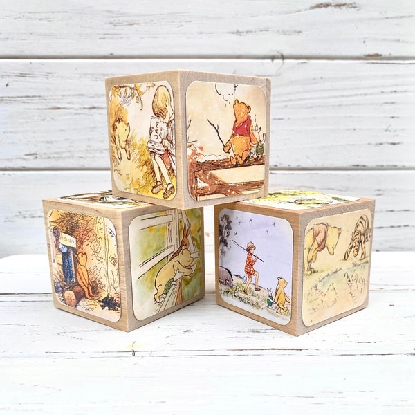 Vintage Winnie The Pooh - Baby Blocks - Wooden Toy Blocks - Baby Shower Decor - Table Centerpieces - Nursery Room - Book Blocks - 2 Inch