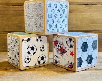 Soccer Wooden Baby Blocks - Sports Theme Nursery - Baby Shower Gift - Baby Shower Decor - 2 Inch Blocks - Baby Boy Bedroom Decoration