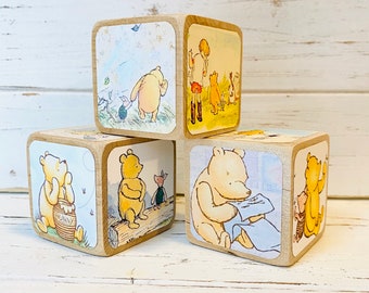 Vintage Winnie The Pooh - Wooden Baby Blocks - Baby Shower Decor - Table Centerpieces - Nursery Room - Book Blocks - 2 Inch