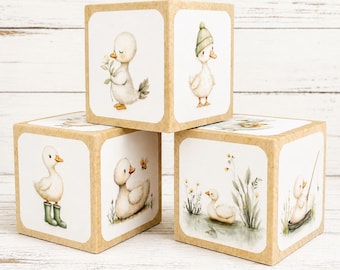 Silly Goose Baby Shower - 2 Inch Baby Blocks - Goose Nursery Room Decor - Wooden Cubes - Shelf Decor - Table Accents - 3 Blocks - Baby Boy