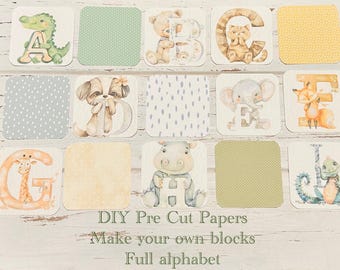 DIY Baby Shower Block Craft Kit – PAPERS ONLY - 2 Inch Wooden Blocks – Alphabet Letters - Animal Mix - Shower Activity - Gender Neutral -