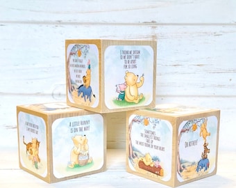 Vintage Winnie The Pooh - Classic Pooh Sayings - Wooden Baby Blocks - Baby Shower Decor - Table Decor - Nursery Room - Book Blocks - 2 Inch