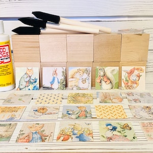 May include: A craft project with wooden blocks, paintbrushes, and images of Peter Rabbit characters. The images include Peter Rabbit, Benjamin Bunny, and Mrs. Tiggy-Winkle. The text on one of the images reads "Even the smallest creature can change the world".