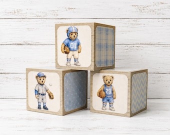 Vintage Sports Teddy Bear Wooden Baby Blocks | Football Baseball Basketball Nursery Decor | Baby Boy Shower Gift | Personalized Wood Blocks