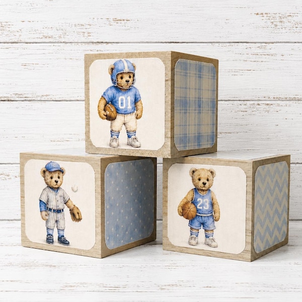 Blocs bébé en bois vintage Sports Teddy Bear | Décoration de chambre d'enfant, football, baseball, basket-ball | Cadeau de naissance pour bébé garçon | Blocs de bois personnalisés