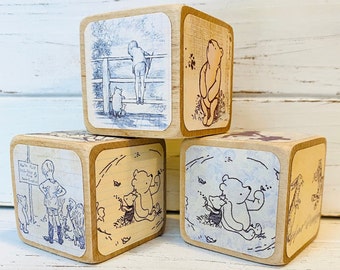 Vintage Winnie The Pooh - Wooden Baby Blocks - Baby Shower Decor - Table Centerpieces - Nursery Room - Book Blocks - 2 Inch