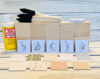 DIY Wood Block Kit - Woodland Theme- Alphabet Blocks - Numbers - Gender Neutral - Shower Activity - 2 Inch