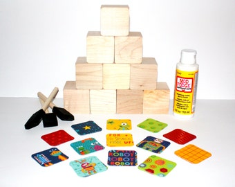 Wood Blocks - DIY Block Kit - Robot Theme - Space - Aliens - Baby Boy - Baby Shower Craft - 2 Inch Blocks