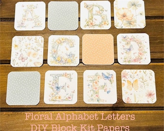 DIY Baby Shower Block Craft Kit – PAPERS ONLY - 2 Inch Wooden Blocks – Floral Alphabet Letters - Butterflies- Baby Girl
