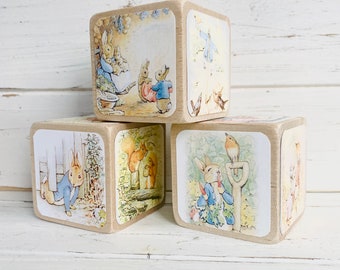 Beatrix Potter - Wood Blocks - Peter Rabbit - Nursery Room Decor - Benjamin Bunny - Baby Girl Nursery - Shelf Decor - 2 Inch Blocks