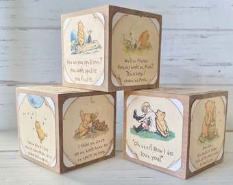 Vintage Winnie The Pooh - Classic Pooh Sayings - Wooden Baby Blocks - Baby Shower Decor - Table Decor - Nursery Room - Book Blocks - 2 Inch