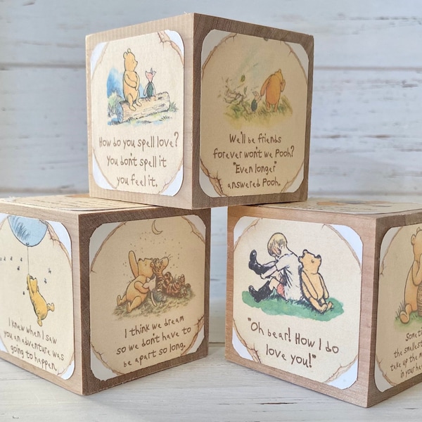 Vintage Winnie The Pooh - Classic Pooh Sayings - Wooden Baby Blocks - Baby Shower Decor - Table Decor - Nursery Room - Book Blocks - 2 Inch