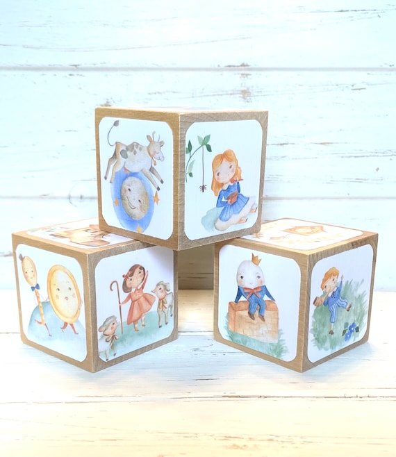 Nursery Rhyme Baby Shower - 3 Wooden Baby Blocks - Nursery Room Decor - 2 Inch - Mary Had A Little Lamb - Humpty Dumpty - Three Blind Mice