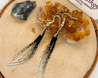 Noir Ombré Seed Bead Tassel Earrings: Hand Beaded Fringe Dangle