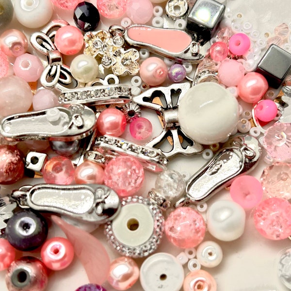 Bead mix, "Pink Ballet" Pink, White, grey  and silver Bead Soup, a beautiful hand picked bead mix with ballet slipper charms 50g