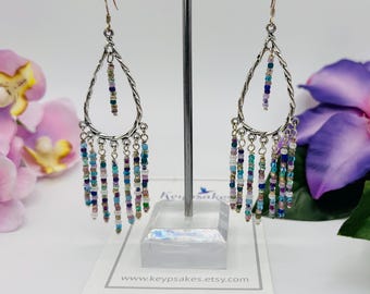 Lilac & Blue Seed Bead Chandelier Earrings: Sterling Silver Wires
