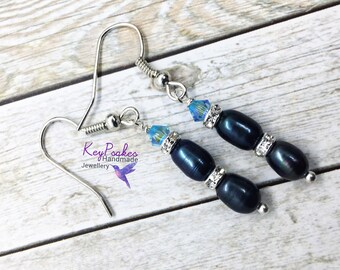 Peacock Freshwater Pearl Drop Earrings: Blue Austrian Crystal
