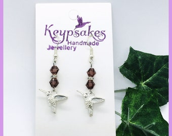 Purple Crystal Hummingbird Earrings: Handmade Silver Plated Drop Earrings
