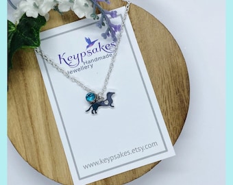 Dachshund Charm Necklace: Silver Plated Sausage Dog with Rhinestone Birthstone