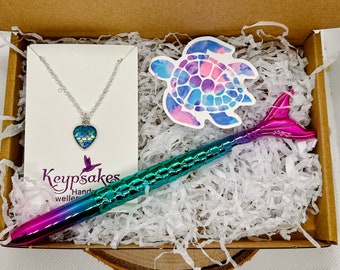 Mermaid Scale Heart Necklace & Pen Set: Kids Silver Plated Jewellery