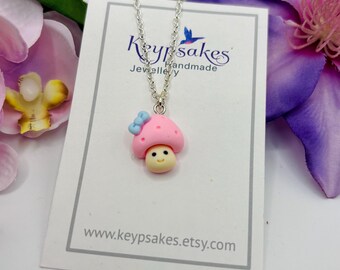 Pink Mushroom Necklace: Resin Charm, Silver Plated Chain