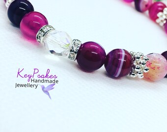 Pink Agate & Clear Crystal elasticated bracelet | single strand bracelet | Size Medium