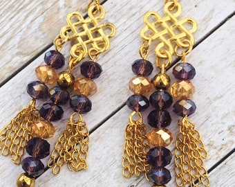Gold & Purple Crystal Chandelier Earrings: Boho Dangle Earrings