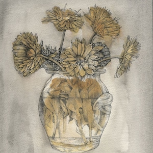 Original Ink Drawing – “Calendula Vase” Botanical Artwork with Watercolour and Vintage Collage