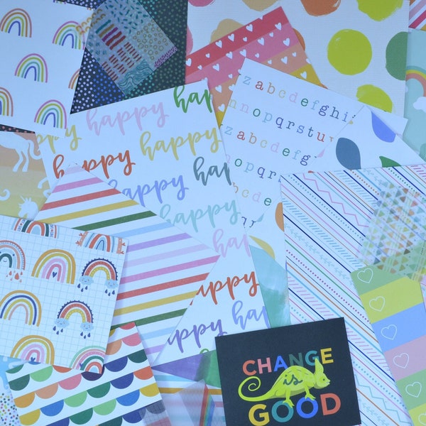 Regenbogen Themed Journal Kit. 50 Stück, inclusive Papier, Sticker, & Washi Tape. Jedes sorgfältig kuratiert, um Ihre Kreativität zu entfachen.