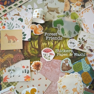 Kit sur le thème de la forêt. 50 pièces, y compris du papier, des autocollants et du ruban adhésif washi.