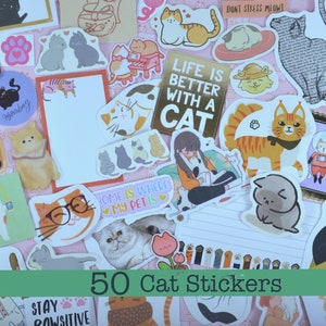 50 kattenstickers. Geassorteerde tas stickers schattig kitten, kattenbriefpapier voor dagboek, plakboek. Kattendamestickers. Cadeau voor kattenliefhebber.