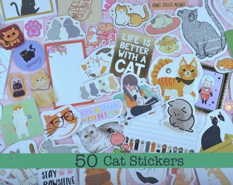 May include: A collection of 50 cat stickers featuring various designs, including cats playing piano, wearing glasses, and in astronaut suits. The stickers are on a pink background with the text "50 Cat Stickers" in green.