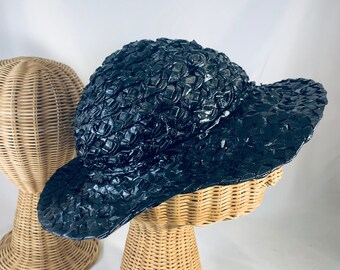 Original Vintage Small Shiny Black Raffia 1950s 60s Hat