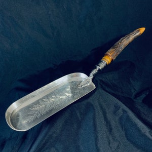 Large Antique English Silver Plate Crumb Scoop Antler Horn Handle Victorian Era