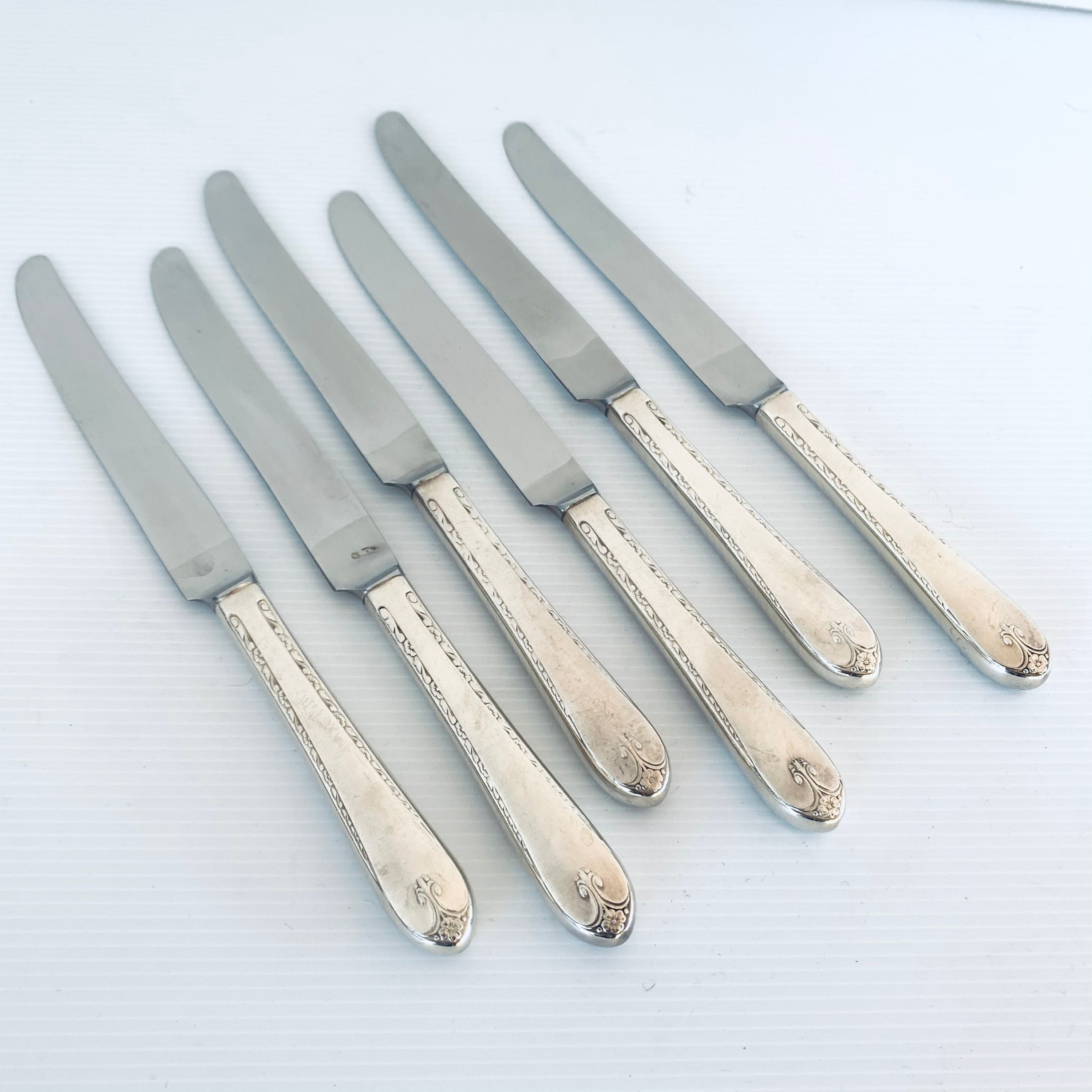 Vintage Silver Plate Stainless Steel Dinner Knives X 6 Rogers Exquisite