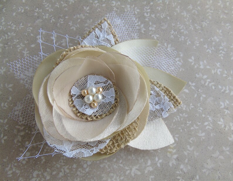 Burlap Lace Rustic Hair Accessories Champagne Ivory Bridal