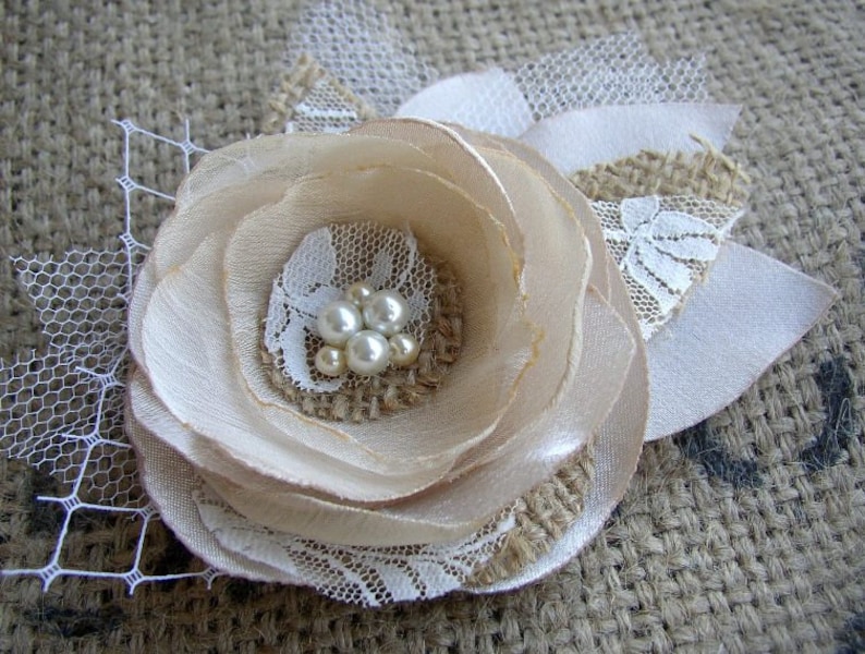 Burlap Lace Rustic Hair Accessories Champagne Ivory Bridal
