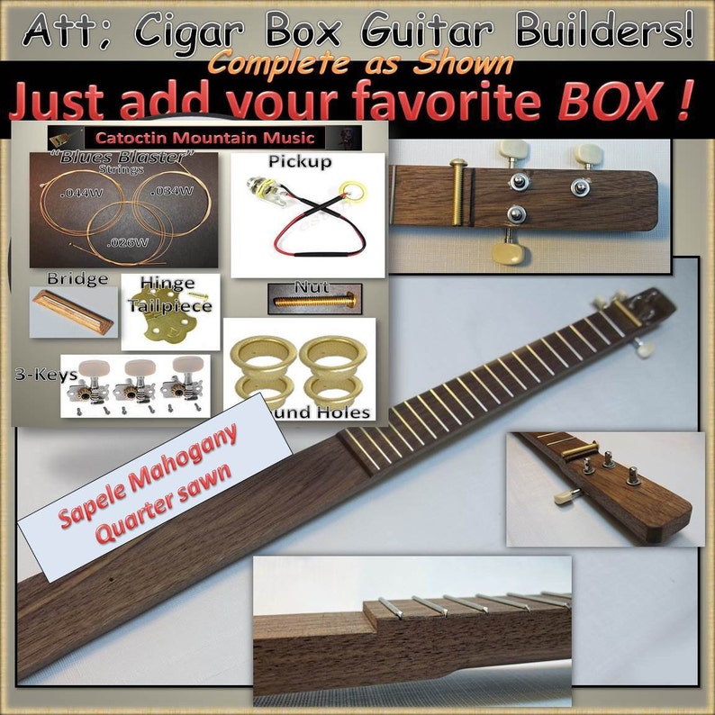 Cigar Box Guitar Kit with Black Walnut Neck and Parts Kit. as Etsy