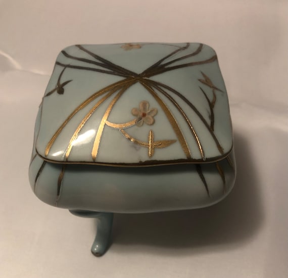 Arnart Creation Blue & Gold Porcelain Footed Jewelry Box