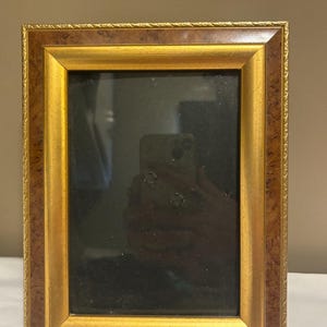 May include: A rectangular picture frame featuring a dark brown burl wood grain outer border and a smooth, metallic gold inner border. The frame has a textured, decorative edge along the outermost perimeter and a clear glass front panel.