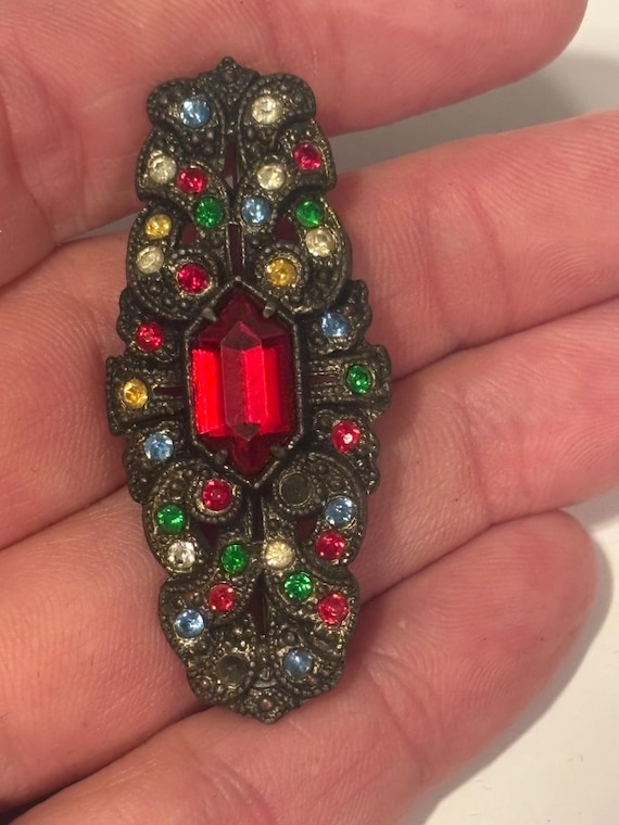 Czech Art Deco Multicolored Glass Stones Pin Brooch