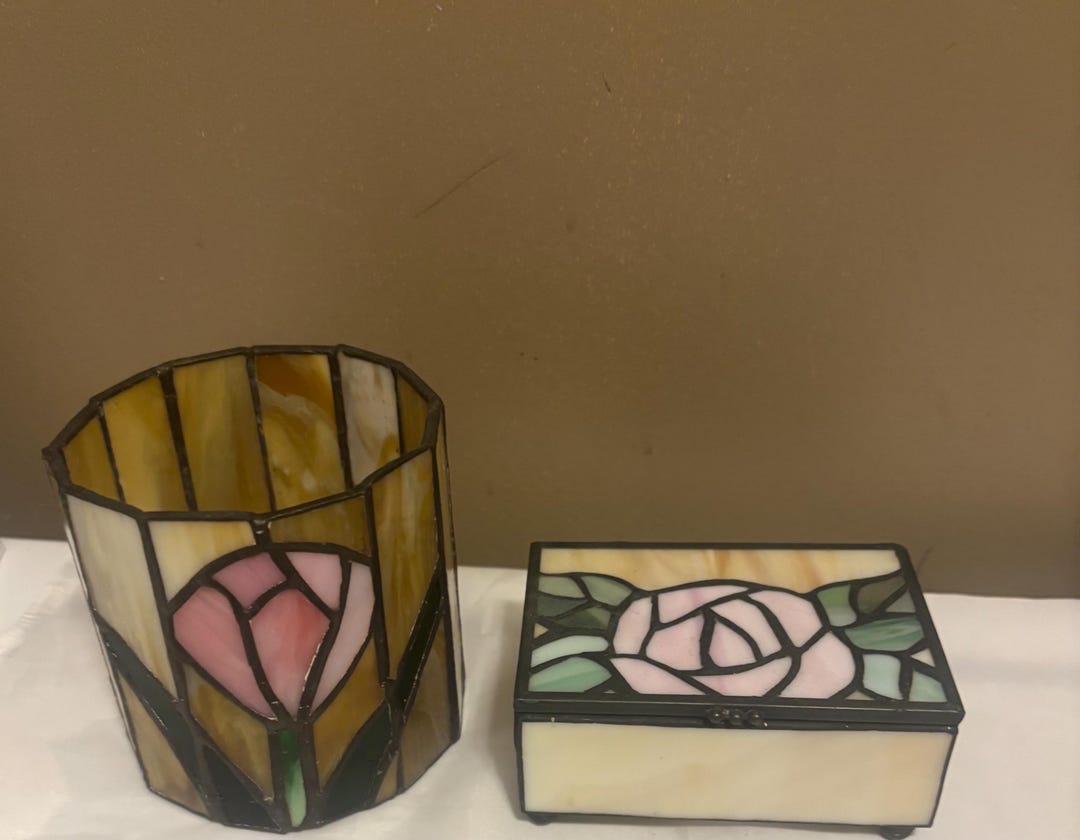 Vintage Slag Stained Glass Pink Tulip Candle Holder & Pink Rose Jewlery ...