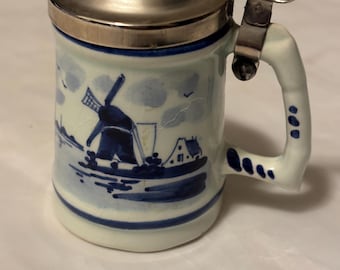 Vintage Delft Holland Miniature Stein Mug With Metal Lid And Windmill Scene
