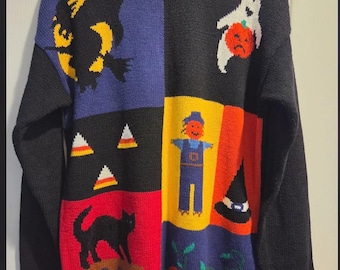 Vintage Halloween Sweater: Black Cat, Ghost, Pumpkin, Scarecrow, Witch Hat, Candy Corn (Size M)