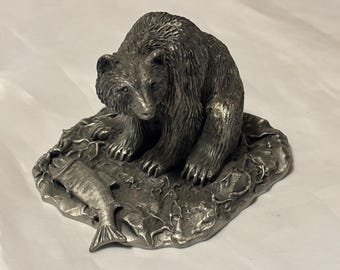 Limited Edition Hudson Pewter Grizzly Bear With Salmon Statue