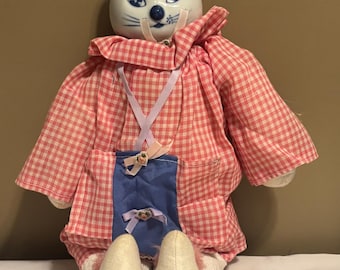 Vintage Hand Painted Porcelain Cat Face Anthromorphic Cloth Doll