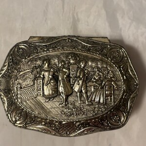Vintage Ornate Silver Plated Jewlery Casket Box With Villagers Socializing In Garden Scene With Red Velvet Lining