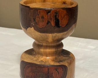Vintage Hand Carved Maple Burl Wood Pillar Candle Holder