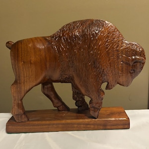 Vintage Detailed Hand Carved Wooden Buffalo Statue